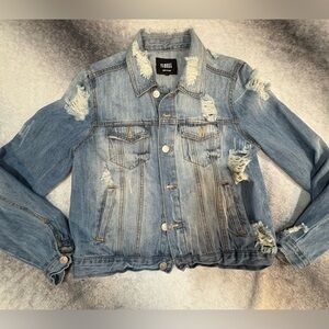(B4) Almost Famous Distressed Denim Jacket Medium Light Wash Ripped Jean Trucker